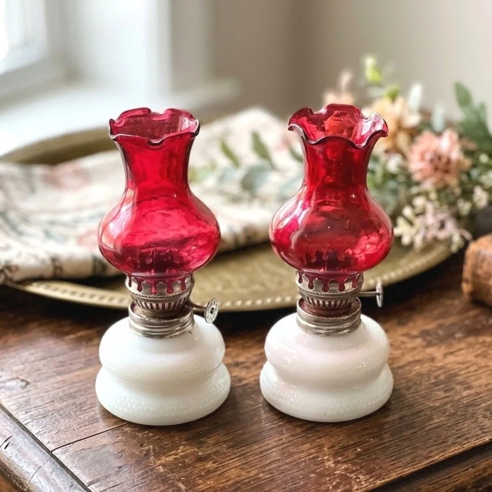 Vintage Miniature Oil Lamps Pair Ruby Red Fenton Style Milk Glass Hobnail 6.5